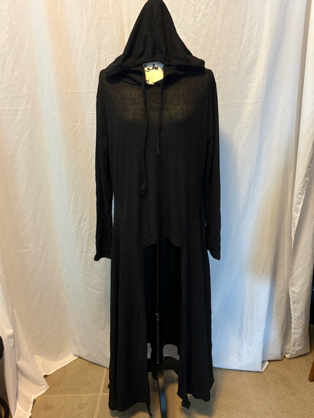 Source Unknown Black Hooded Long Open-Front Ribbed Cardigan